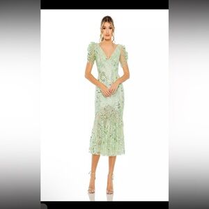 Mac Duggal Size 8 Mint Green 68266 Puff Sleeve V-Neck Embellished Midi Dress New